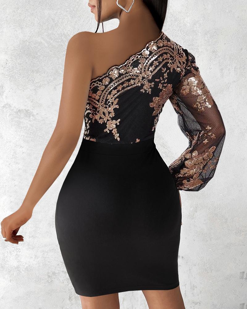 Floral Pattern Contrast Sequin One Shoulder Bodycon Dress