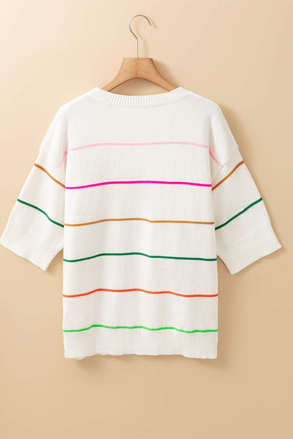 White Colorblock Striped Half Sleeve Drop Shoulder Sweater