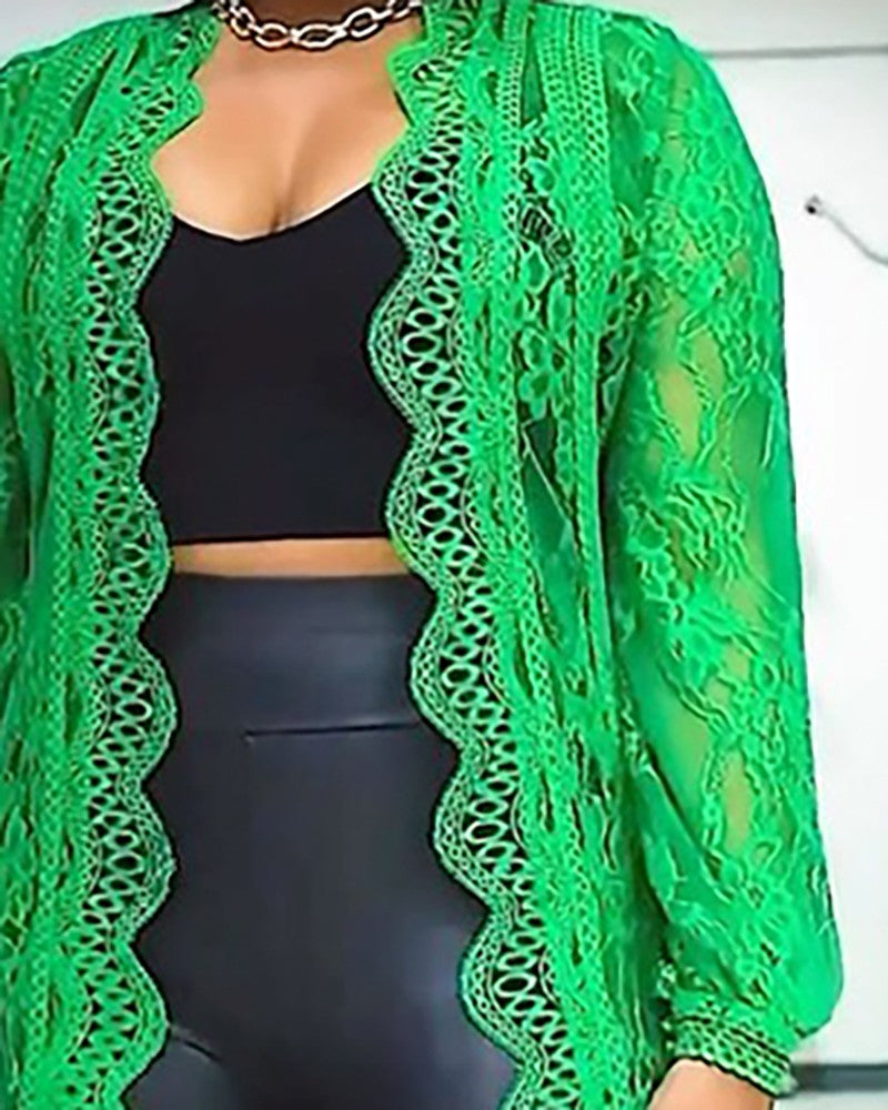 Crochet Lace Scallop Trim Longline Coat