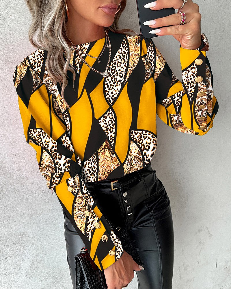 Baroque Leopard Print Gigot Sleeve Top