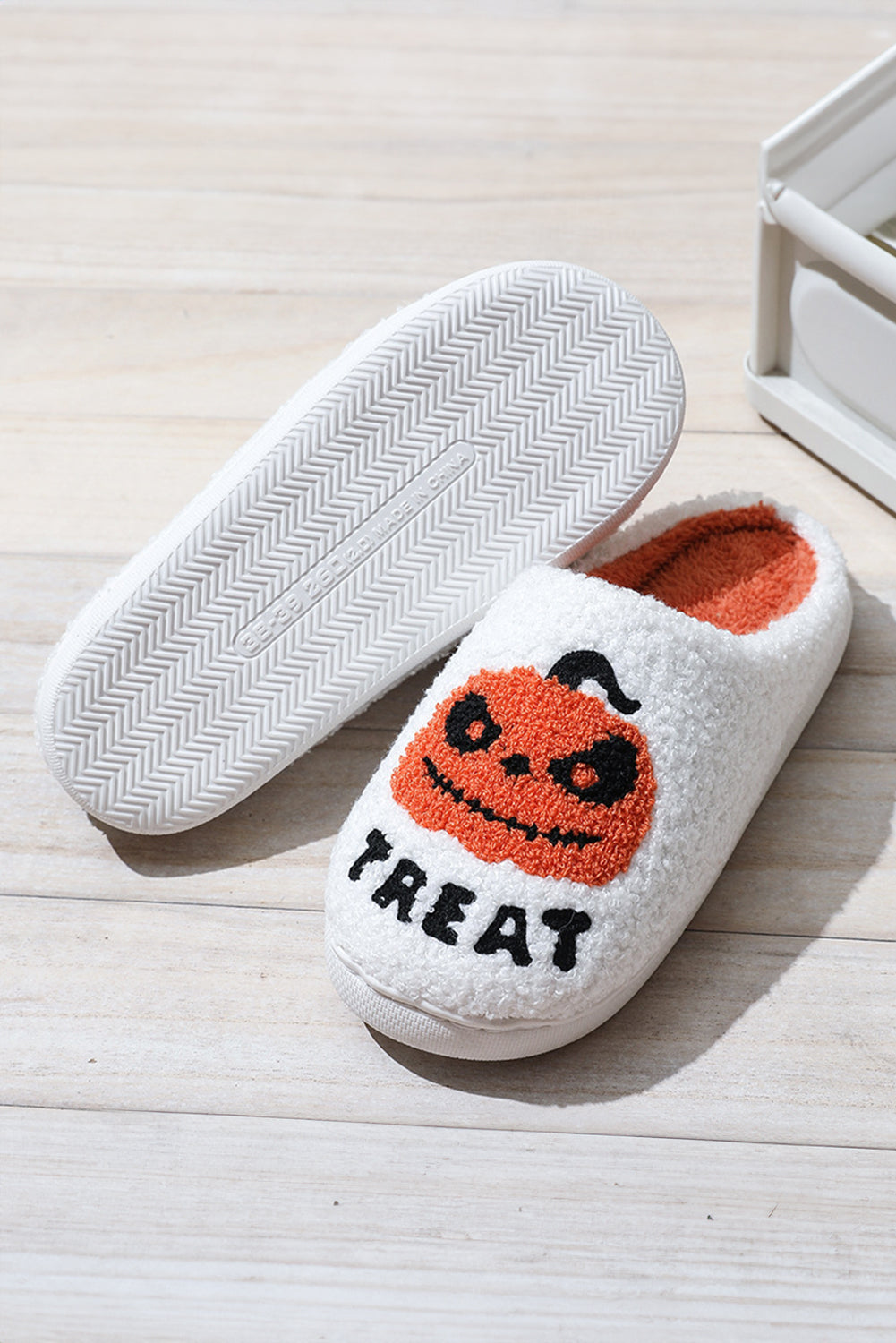 White Halloween Pumpkin Trick Or Treat Plush Slippers