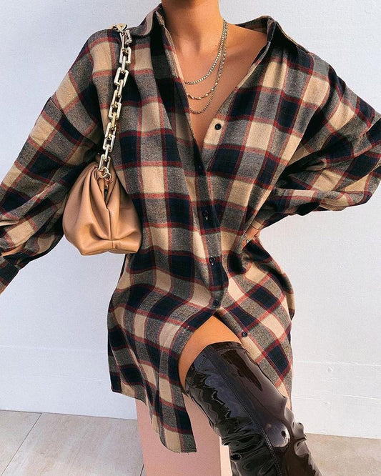 Plaid Print Long Sleeve Buttoned Shirt Dress