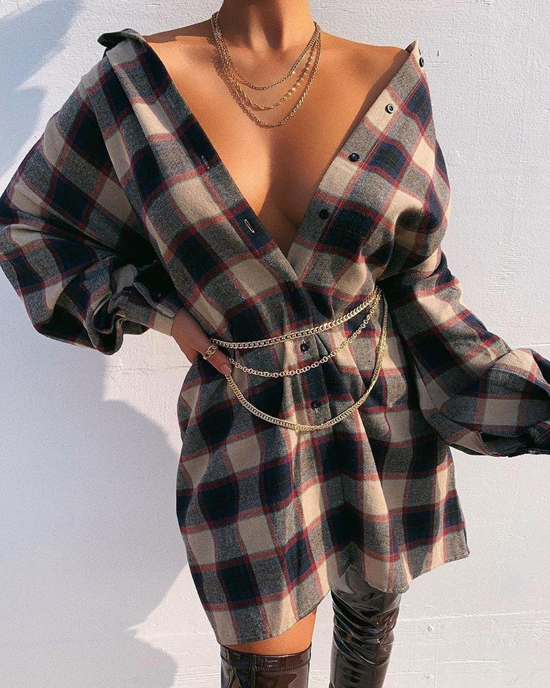 Plaid Print Long Sleeve Buttoned Shirt Dress