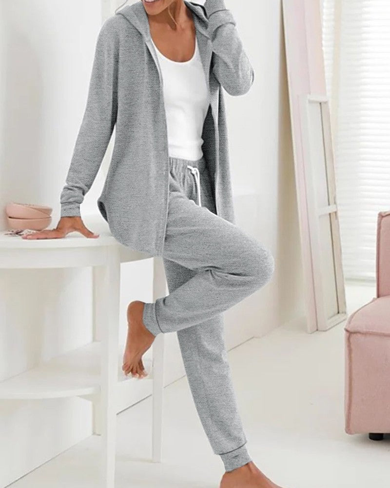 2 Piece Open Front Long Sleeve Hooded Top Drawstring Cuffed Pants Lounge Outfit Tracksuit Set