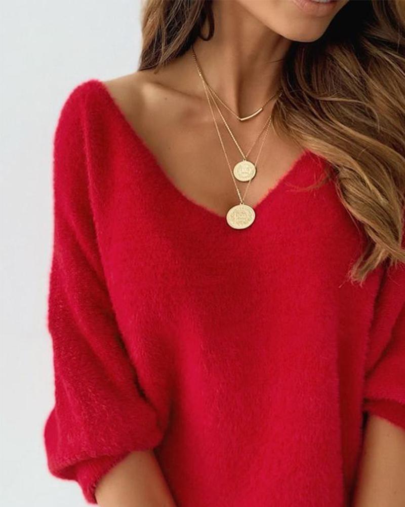 Long Sleeve Fuzzy V Neck Knit Sweater