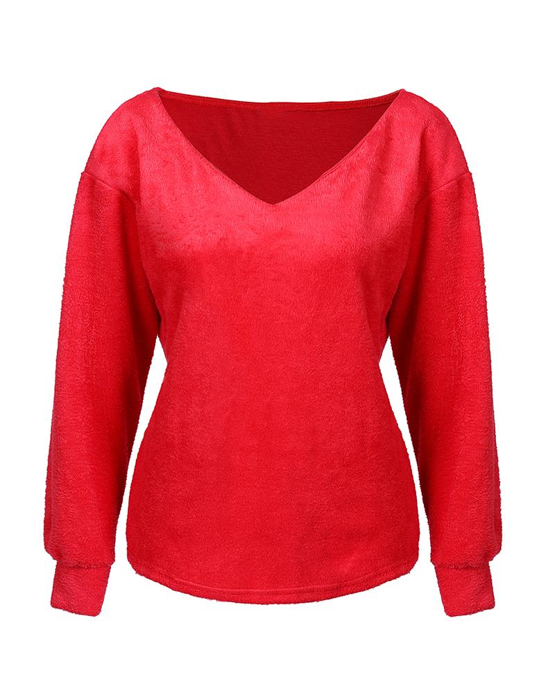 Long Sleeve Fuzzy V Neck Knit Sweater