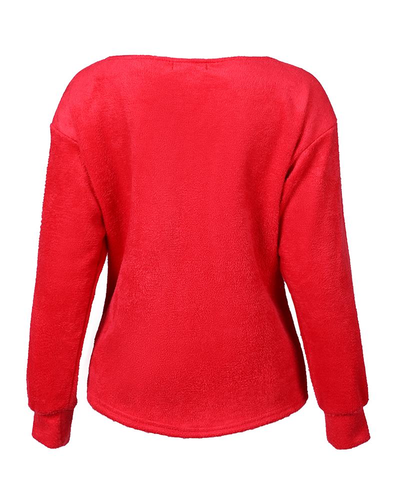 Long Sleeve Fuzzy V Neck Knit Sweater