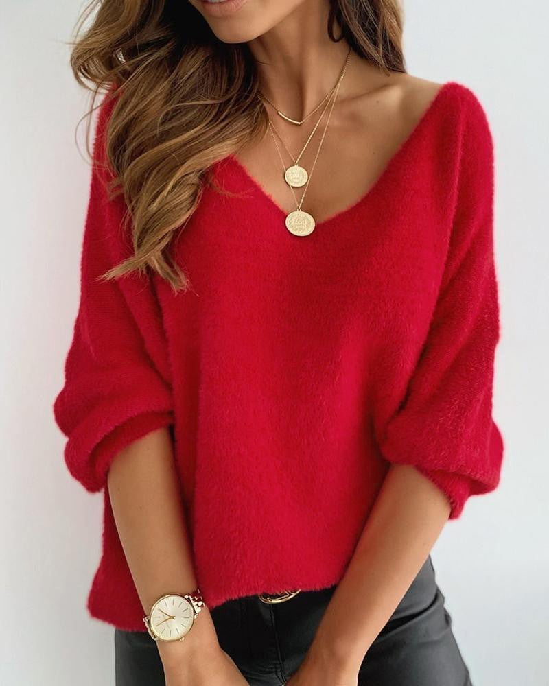 Long Sleeve Fuzzy V Neck Knit Sweater