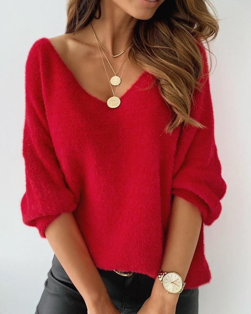 Long Sleeve Fuzzy V Neck Knit Sweater