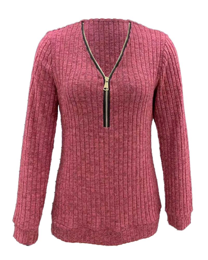 Zipper Design Long Sleeve Ribbed Top