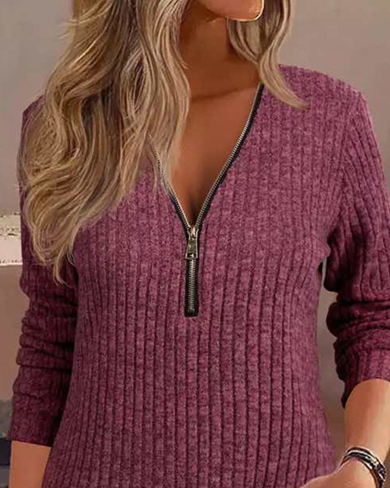 Zipper Design Long Sleeve Ribbed Top