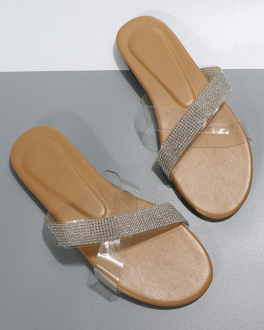 Crisscross Rhinestone Clear Strap Slippers