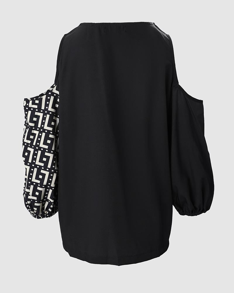 Geometric Print Zip Front Cold Shoulder Top