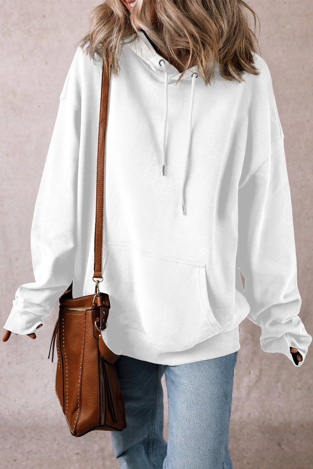 White Fleece Lined Kangaroo Pocket Drawstring Chunky Hoodie