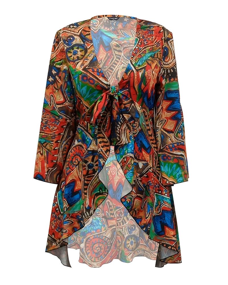 Tribal Print High Low Hem Bell Sleeve Top