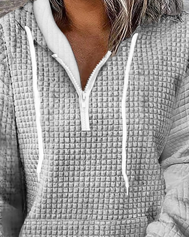 Zipper Design Drawstring Bubble Textured Hoodie