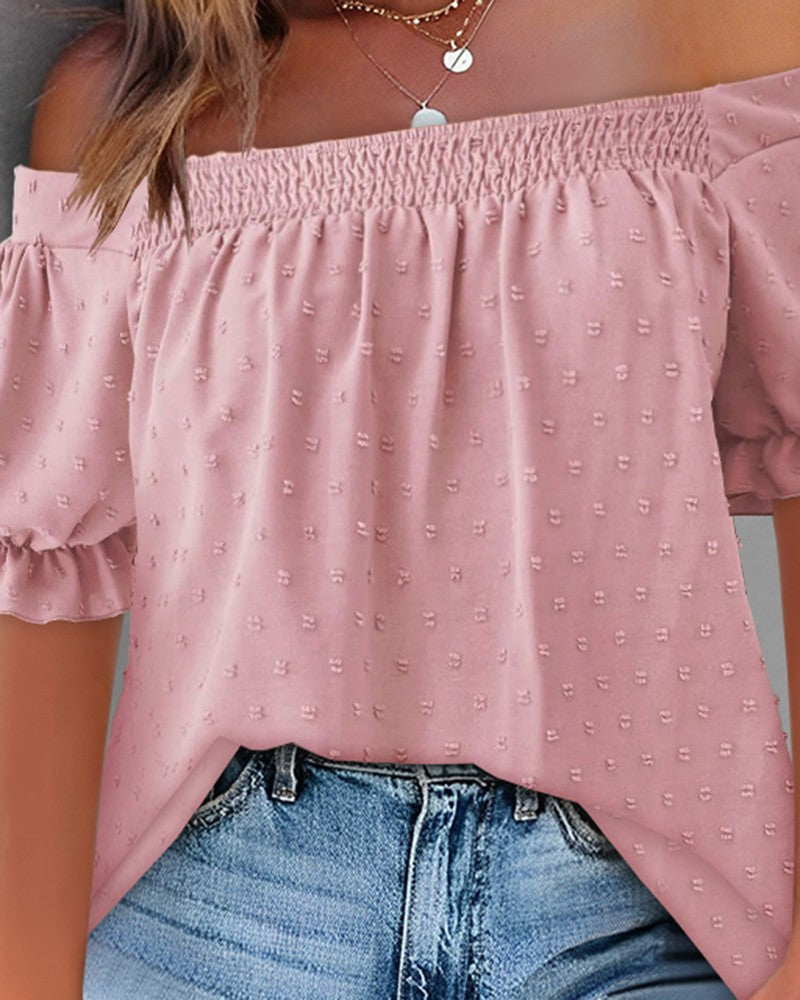 Off Shoulder Frill Hem Ruched Shirred Top