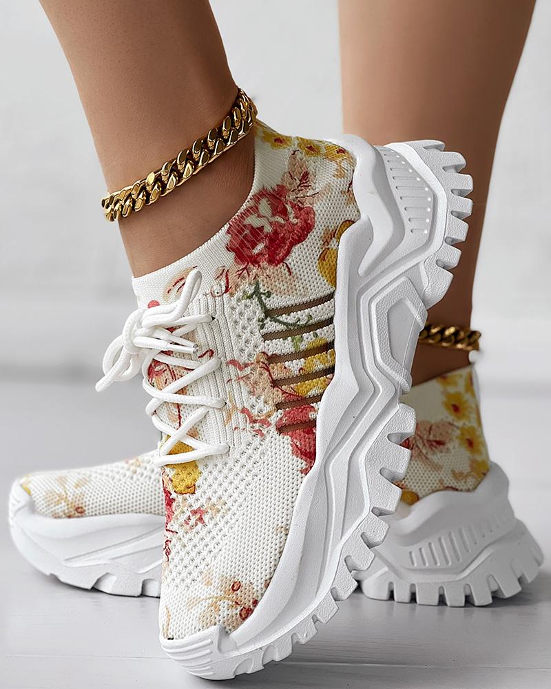 Floral Print Lace up Breathable Slip On Sneakers