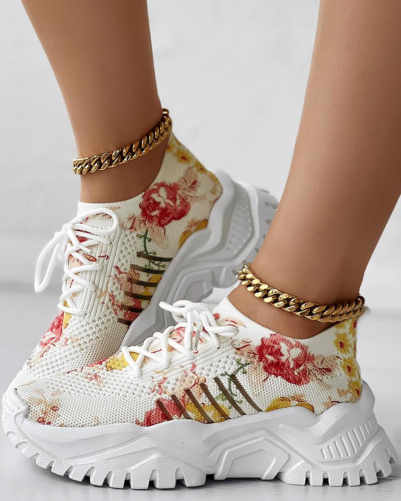 Floral Print Lace up Breathable Slip On Sneakers