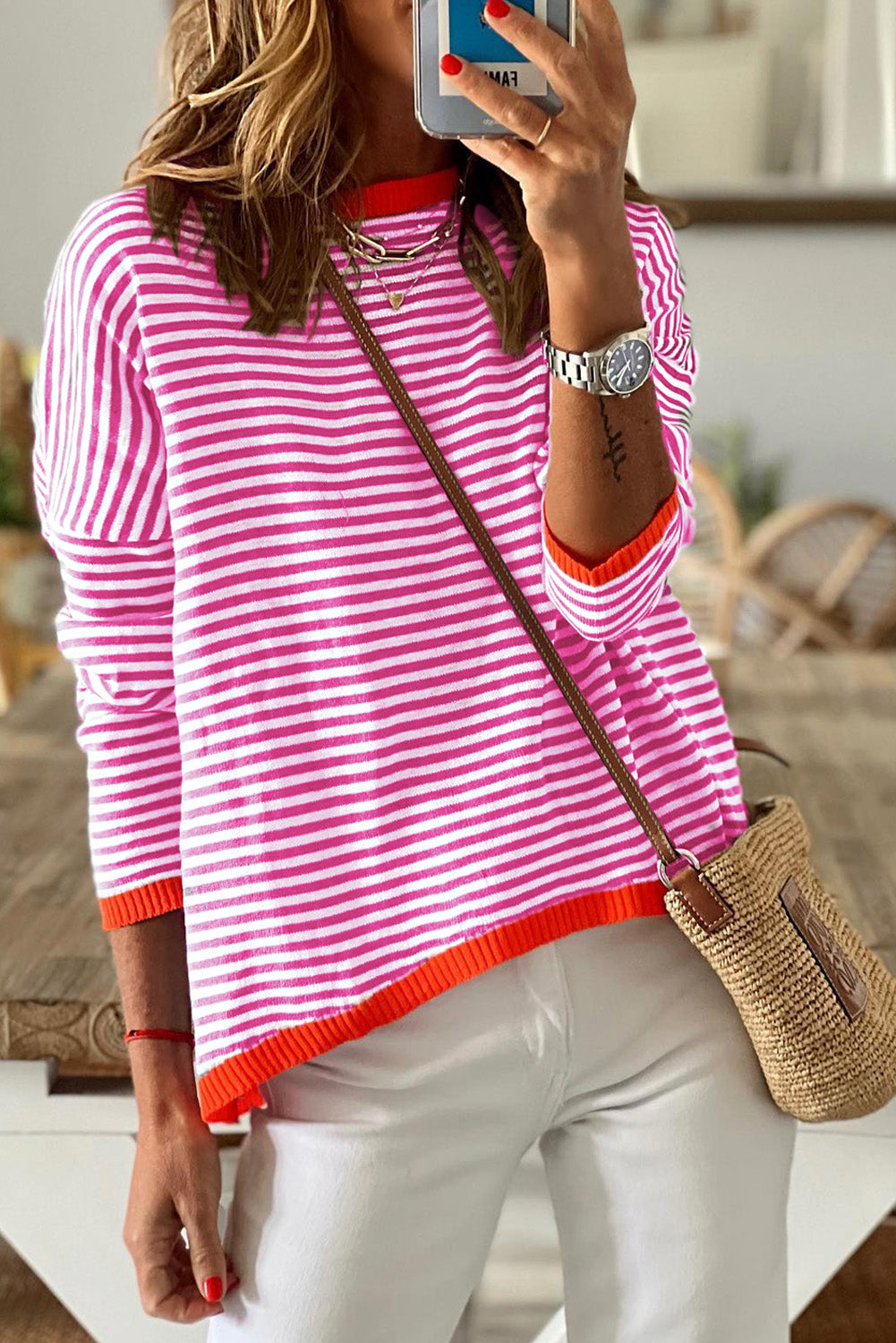 Fiery Red Contrast Trimmed Striped Drop Shoulder Sweater