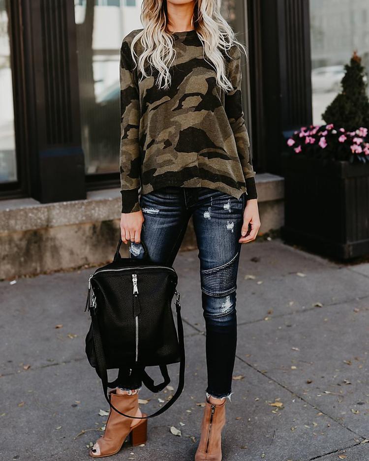 Stylish Camouflage Print Flannel Top