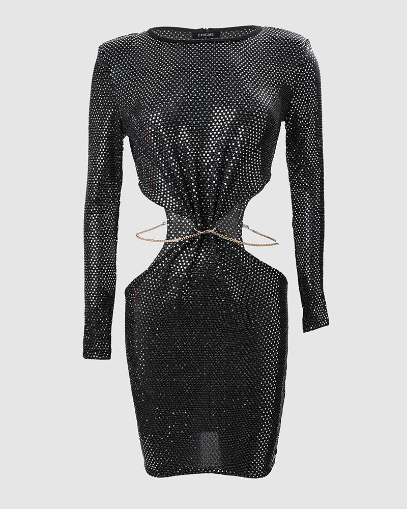 Allover Rhinestone Cutout Chain Decor Bodycon Dress