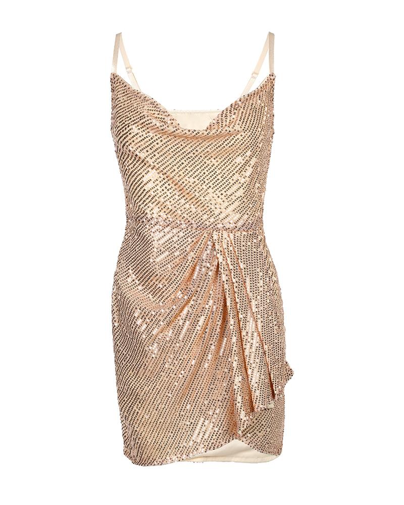 Cowl Neck Sleeveless Ruched Sequin Dress