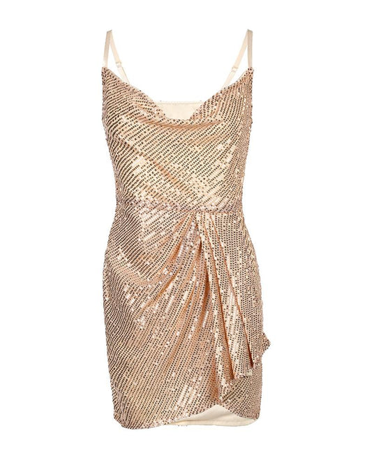 Cowl Neck Sleeveless Ruched Sequin Dress