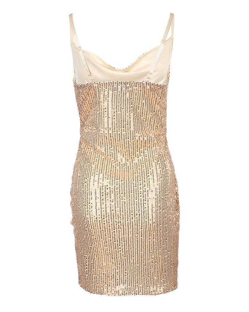 Cowl Neck Sleeveless Ruched Sequin Dress