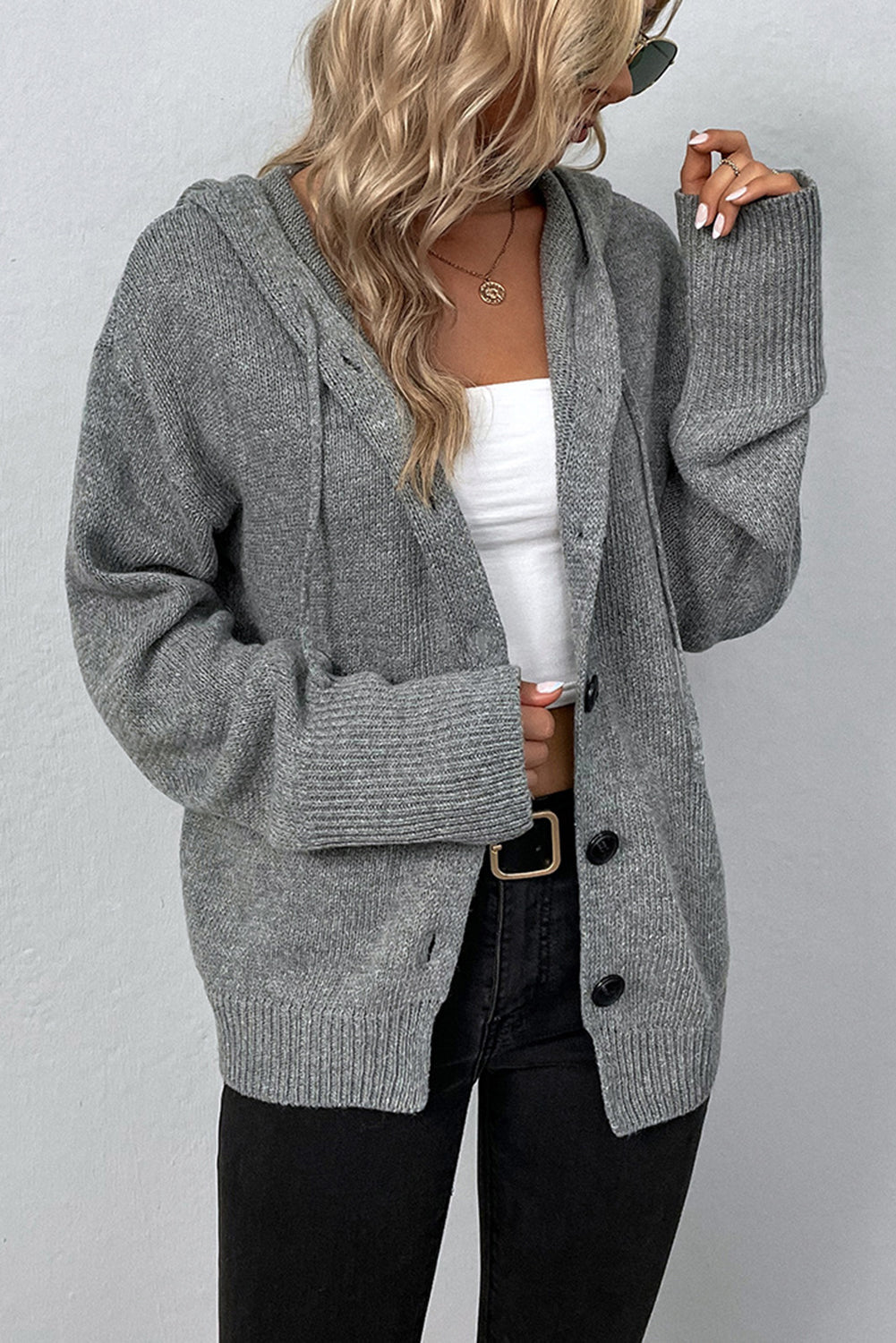 Medium Grey Drawstring Hooded Button Up Drop Shoulder Sweater Cardigan