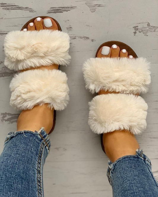 Fluffy Design Open Toe Flat Shoes