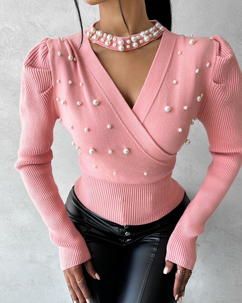 Keyhole Neck Beaded Knit Sweater