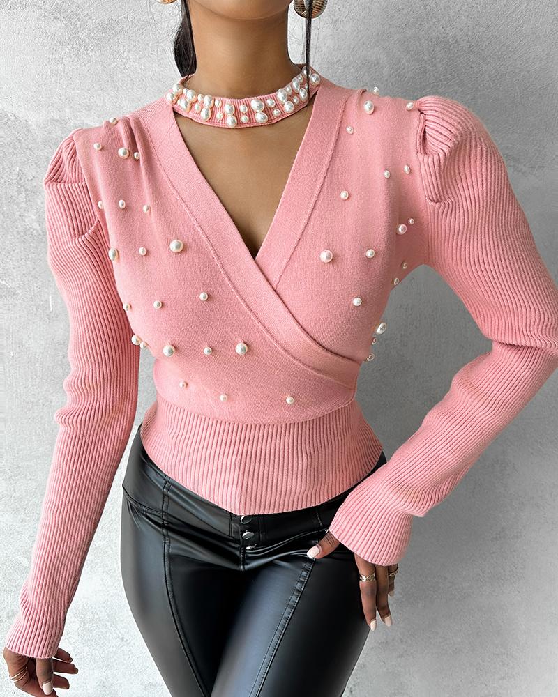 Keyhole Neck Beaded Knit Sweater