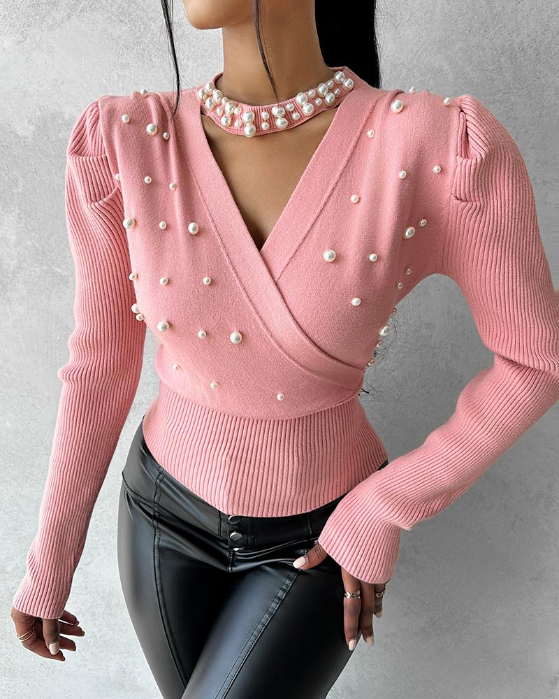 Keyhole Neck Beaded Knit Sweater