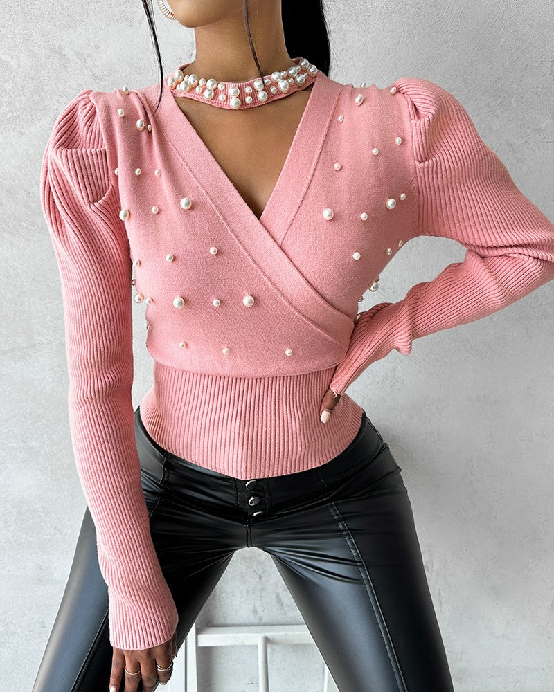 Keyhole Neck Beaded Knit Sweater