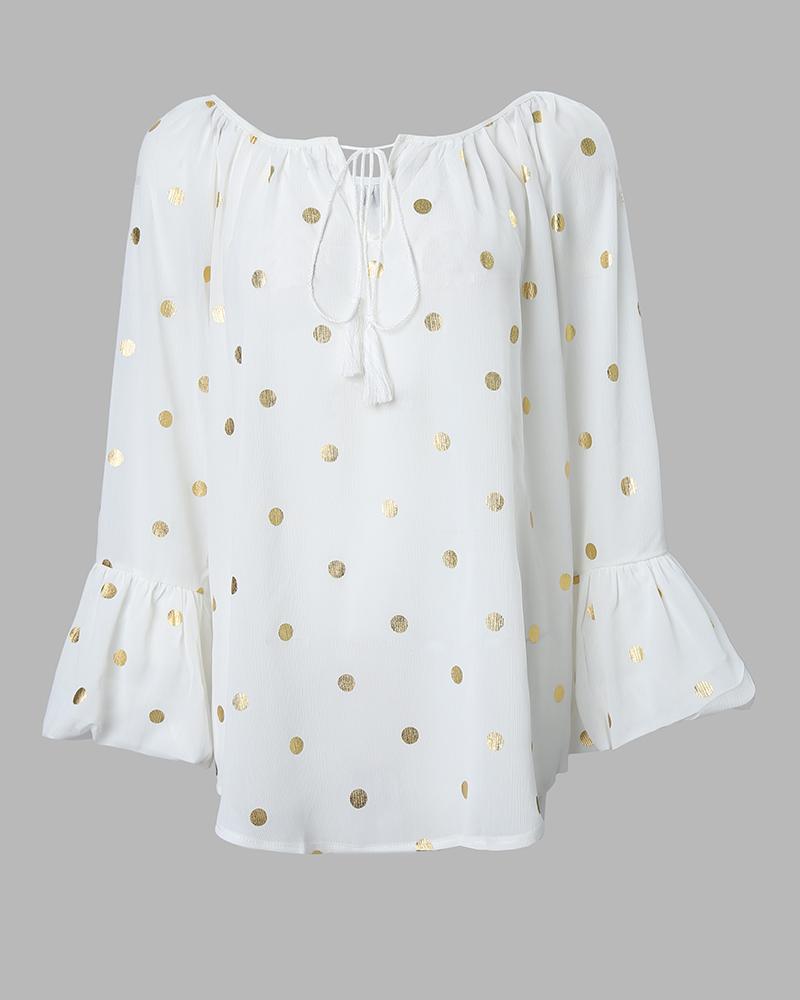 Polkadot Tassel Design Lantern Sleeve Casual Top