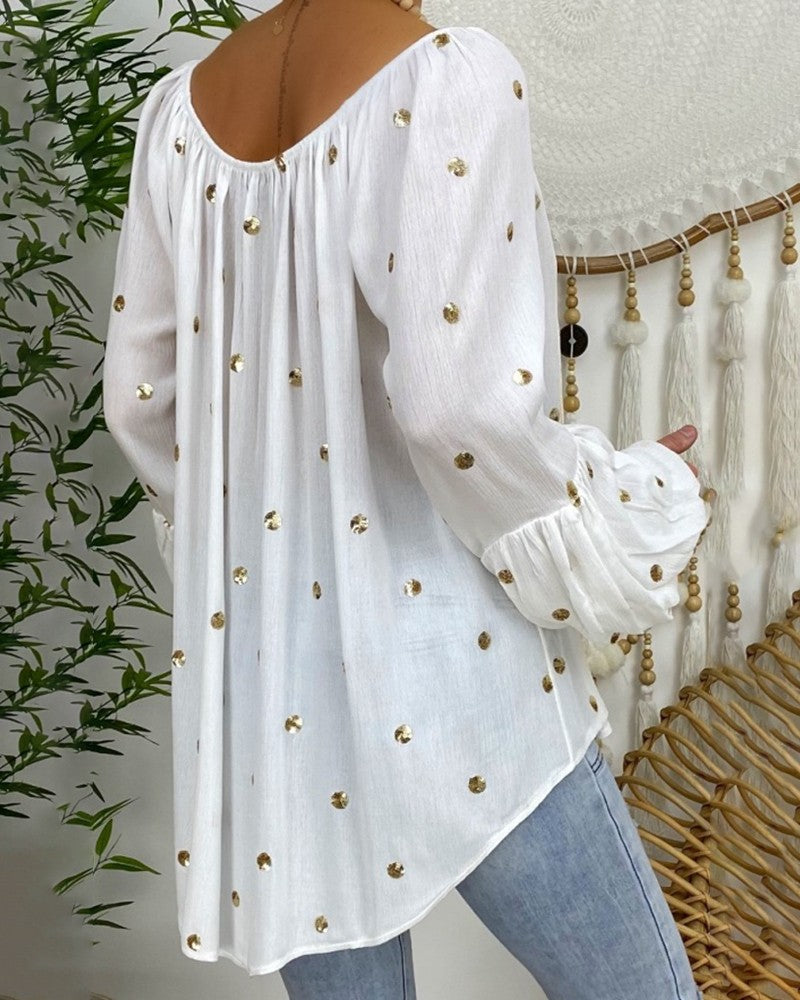 Polkadot Tassel Design Lantern Sleeve Casual Top