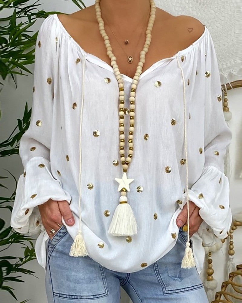 Polkadot Tassel Design Lantern Sleeve Casual Top