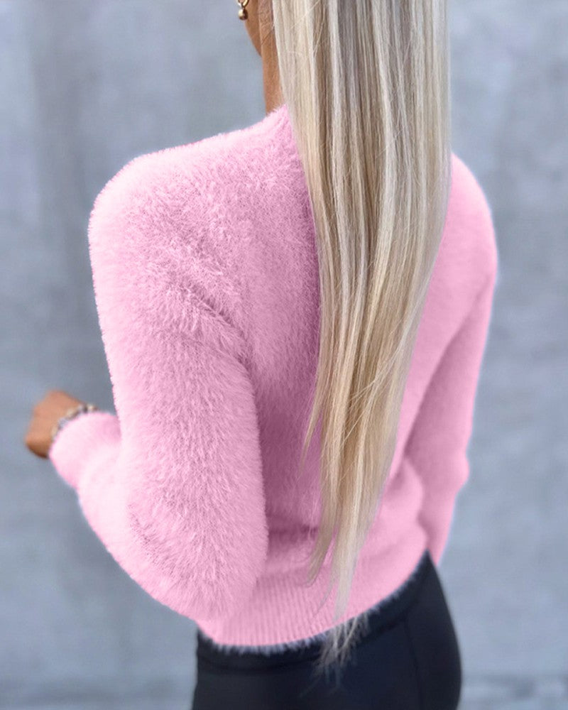 Fuzzy Long Sleeve Mock Neck Knit Sweater