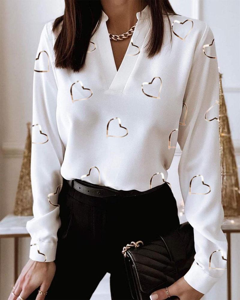 Heart Print V Neck Long Sleeve Casual Top