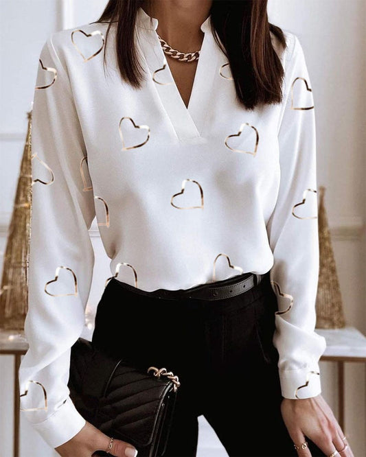 Heart Print V Neck Long Sleeve Casual Top