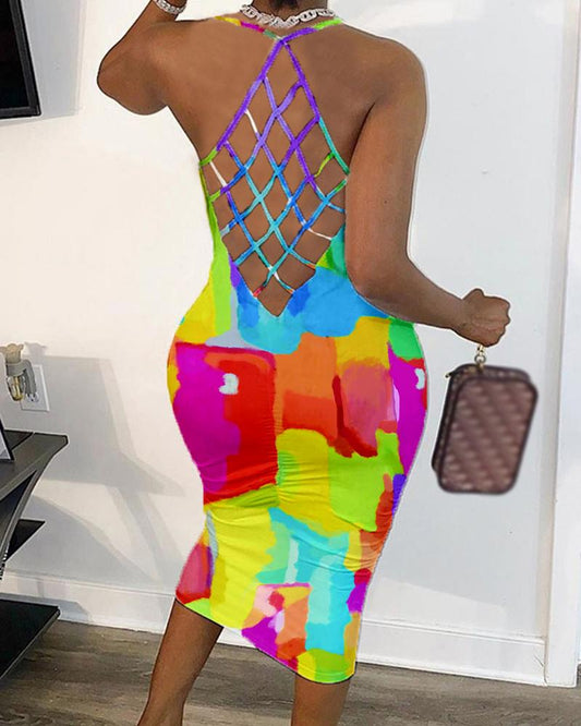 Tie Dye Print Fishnet Backless Bodycon Dress