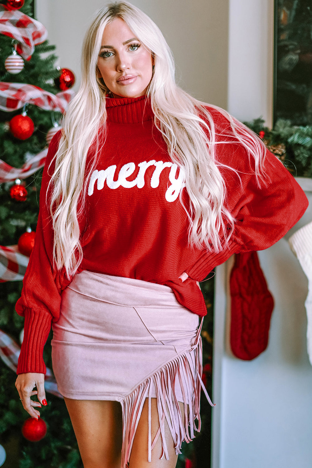 Fiery Red Merry Letter Embroidered High Neck Sweater