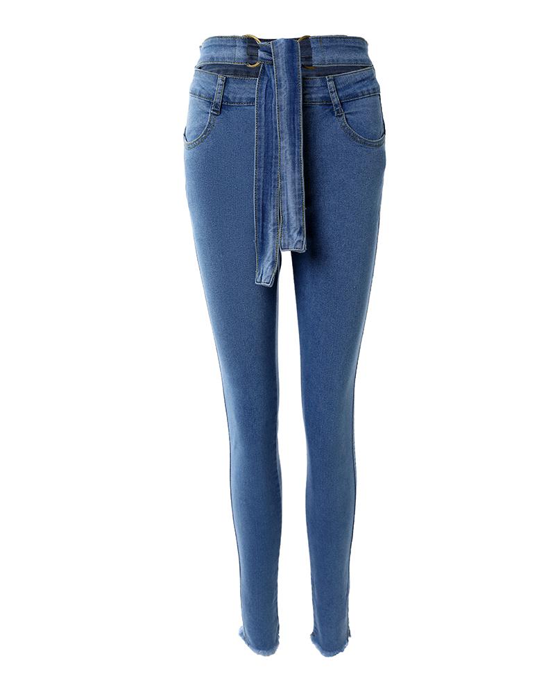 High Waist Cutout Raw Hem Skinny Jeans