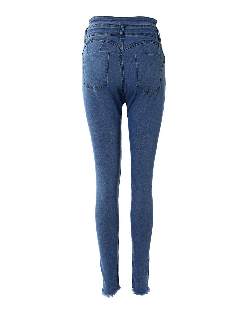 High Waist Cutout Raw Hem Skinny Jeans