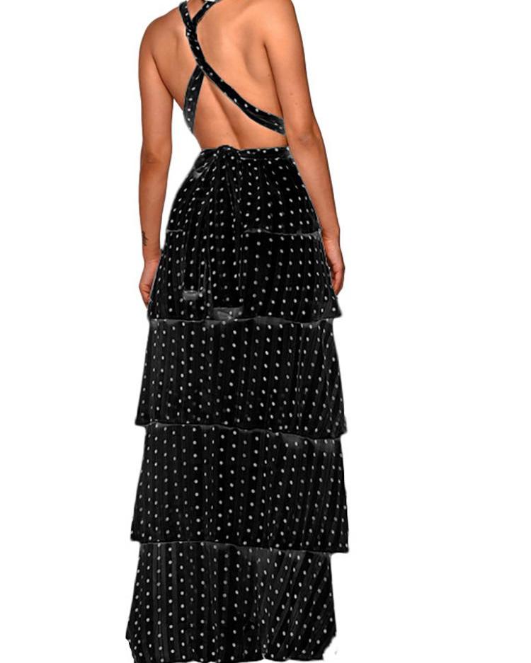 Polka Dots Crisscross Backless Layered Maxi Dress