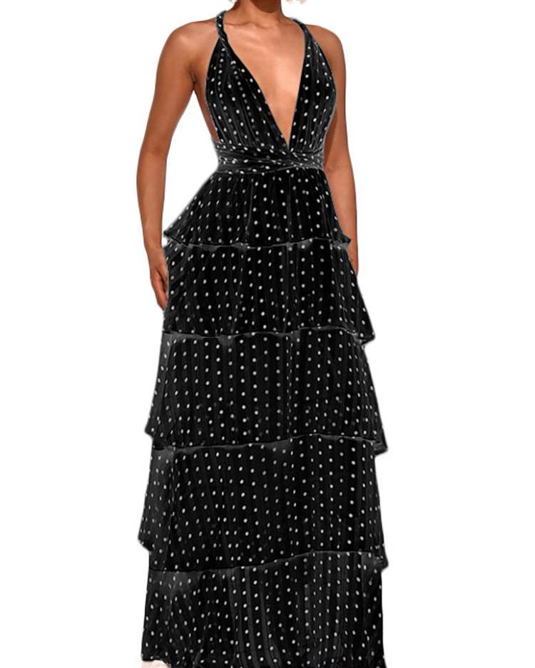 Polka Dots Crisscross Backless Layered Maxi Dress