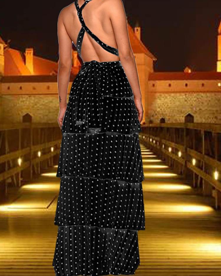 Polka Dots Crisscross Backless Layered Maxi Dress