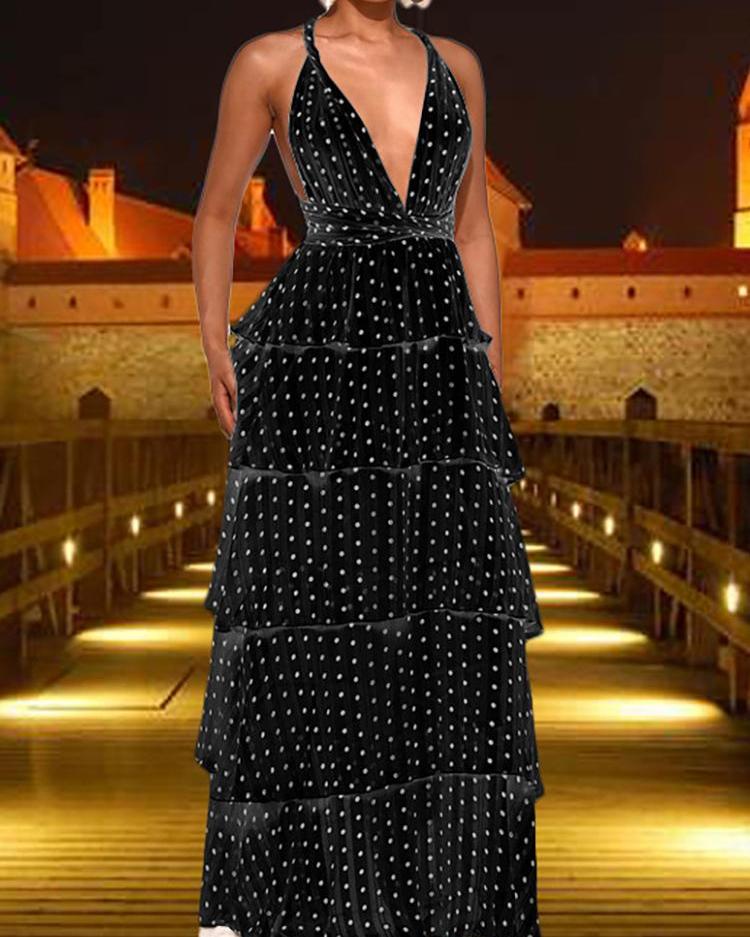 Polka Dots Crisscross Backless Layered Maxi Dress