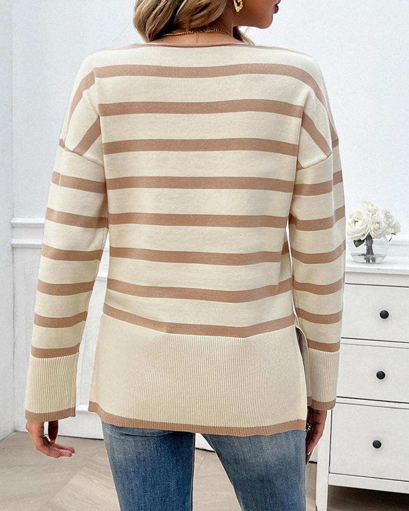 Striped V Neck Long Sleeve Side Slit Knit Sweater